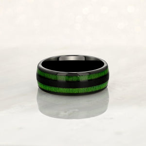 "TIMBER" Tungsten Carbide Black Ring 8mm w/ Green Dyed Koa Wood - Pristine Pieces By Amy