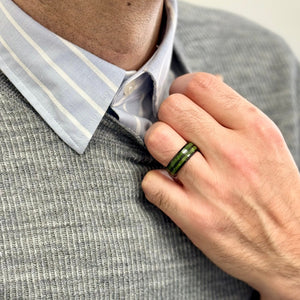 "TIMBER" Tungsten Carbide Black Ring 8mm w/ Green Dyed Koa Wood - Pristine Pieces By Amy