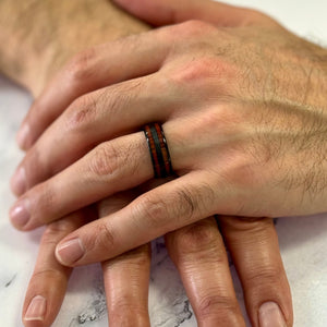 "TIMBER" Tungsten Carbide Black Ring 8mm w/ Red Dyed Koa Wood - Pristine Pieces By Amy