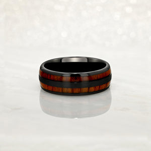 "TIMBER" Tungsten Carbide Black Ring 8mm w/ Red Dyed Koa Wood - Pristine Pieces By Amy